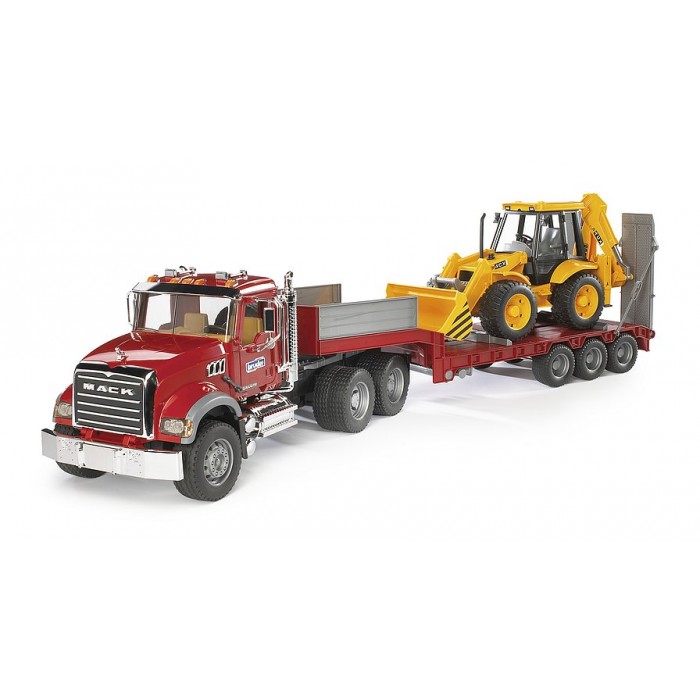 BRUDER sunkvežimis MACK Granite su priekaba ir traktorium-ekskavatorium CAT